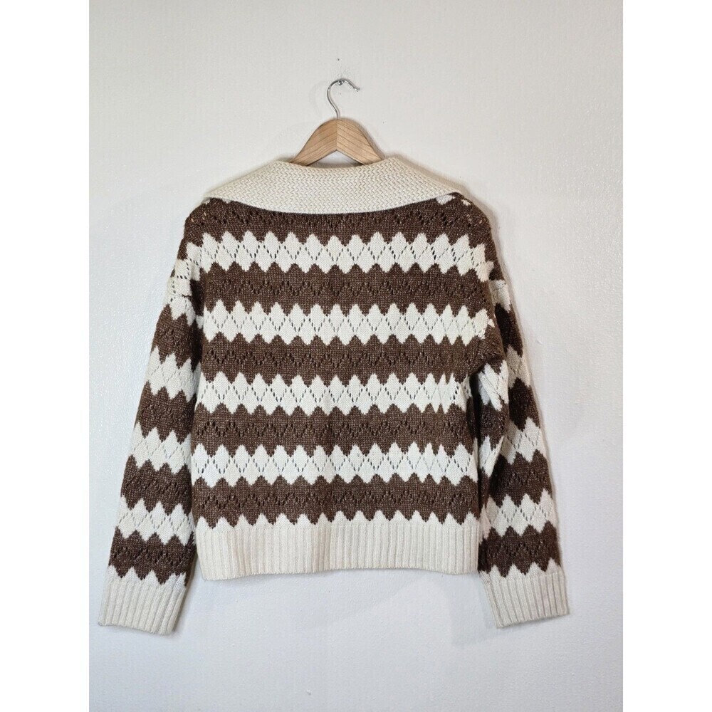 ANA A New Approach Chevron Sweater Womens XS Brown Cream Collared V Neck Knit - Picture 8 of 11